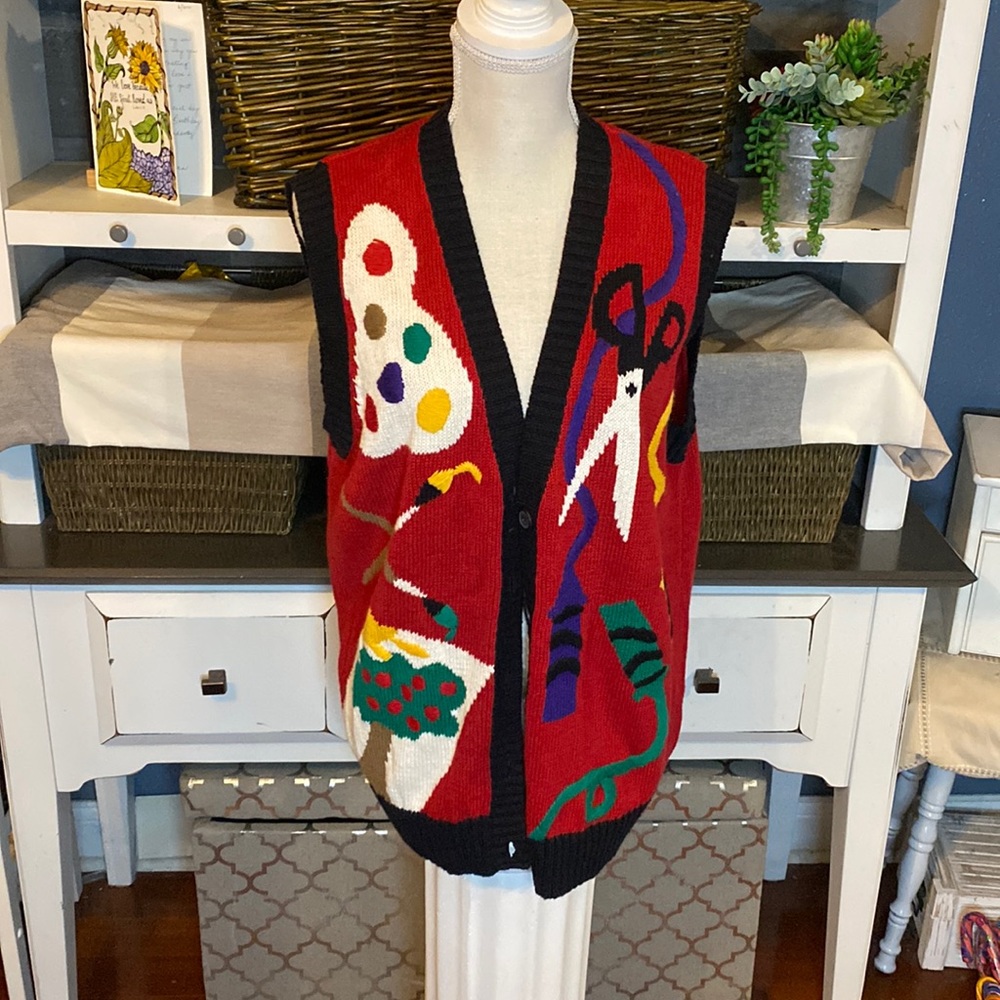 Vintage 90s Art Teacher Sweater Cardigan Button Down Vest Size Medium